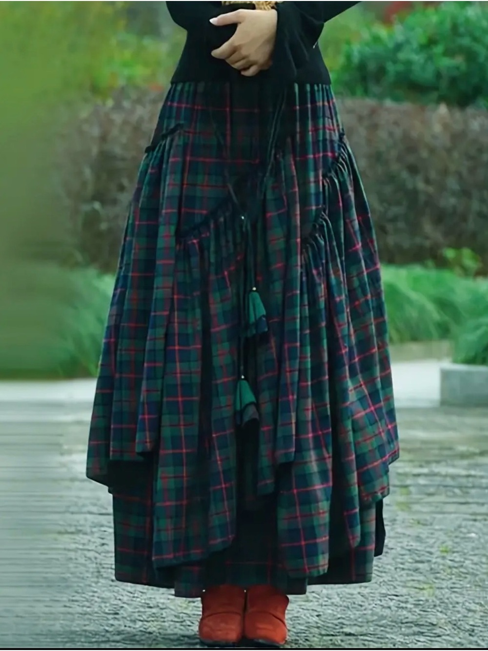 Victorian Gothic Handmade Fringe Plaid Skirt - Picture 2 of 3
